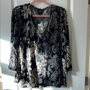 JM Collection Black & Cream Paisley Blouse w/Rhinestone Embellishments at V-Neck